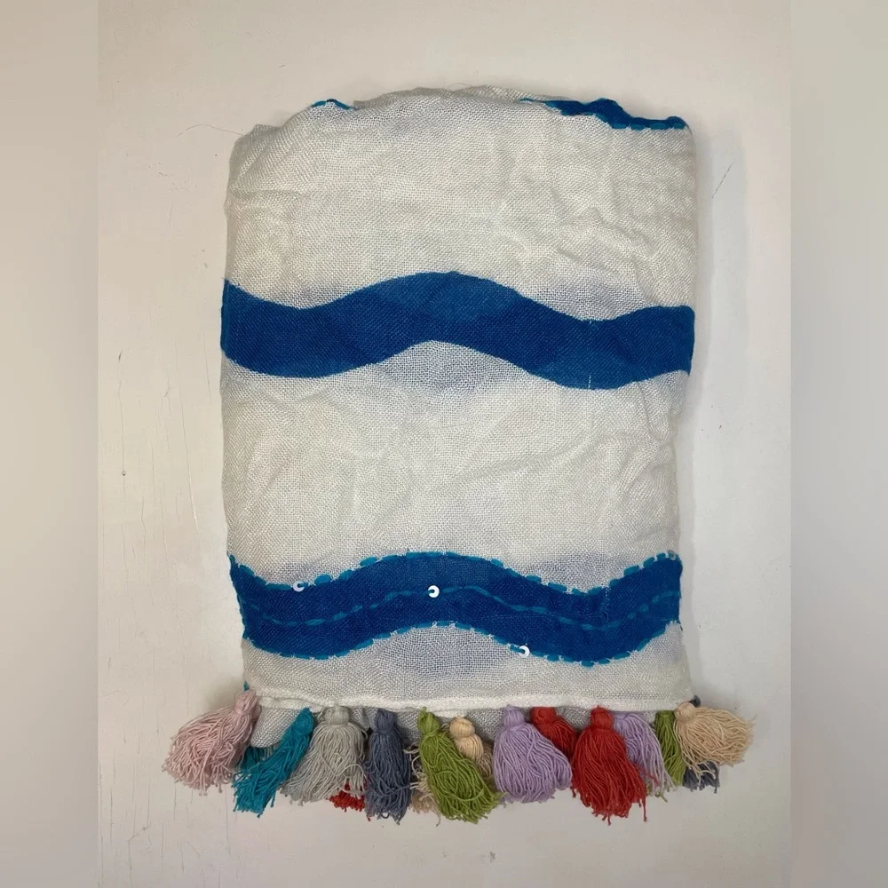 Renee’s NYC Accessories Y2K Viscose Blue and White Striped Scarf with Tassels‎